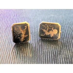 Vintage Siam Niello Black Enamel Sterling Silver Thailand Screw Back Earrings